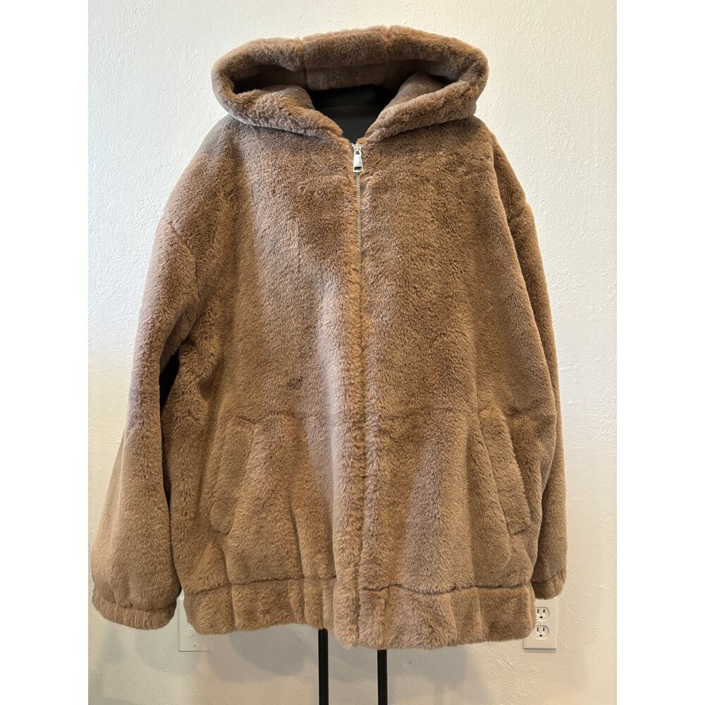 Rachel Zoe Plush Hooded Zip-Front Coat in Light Brown